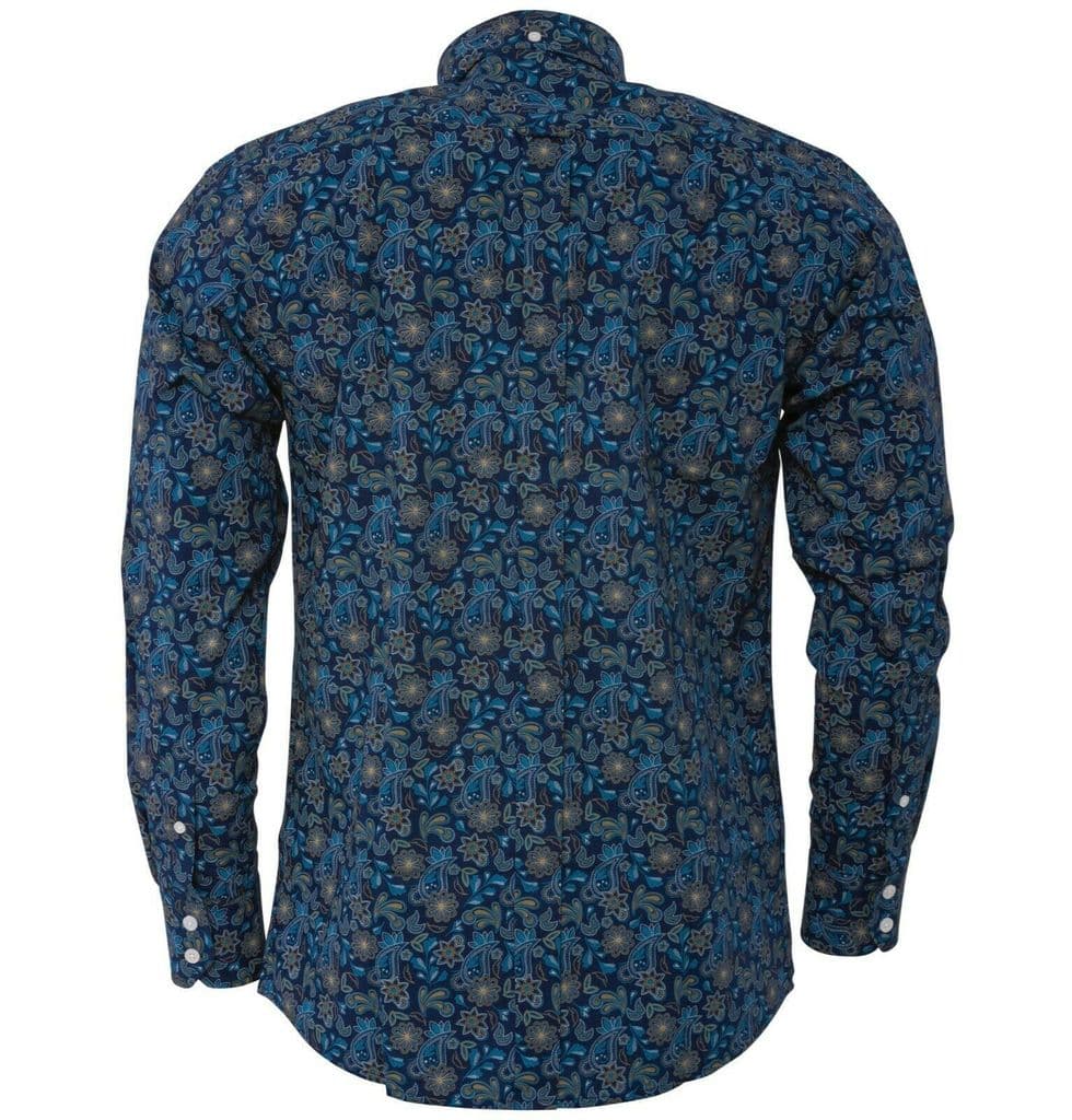 Relco Mens Navy Paisley Style Long Sleeve Shirt Button Down Collar Mod ...